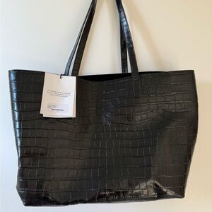 Mansur Gavriel Black Structured Tote with Croc Texture